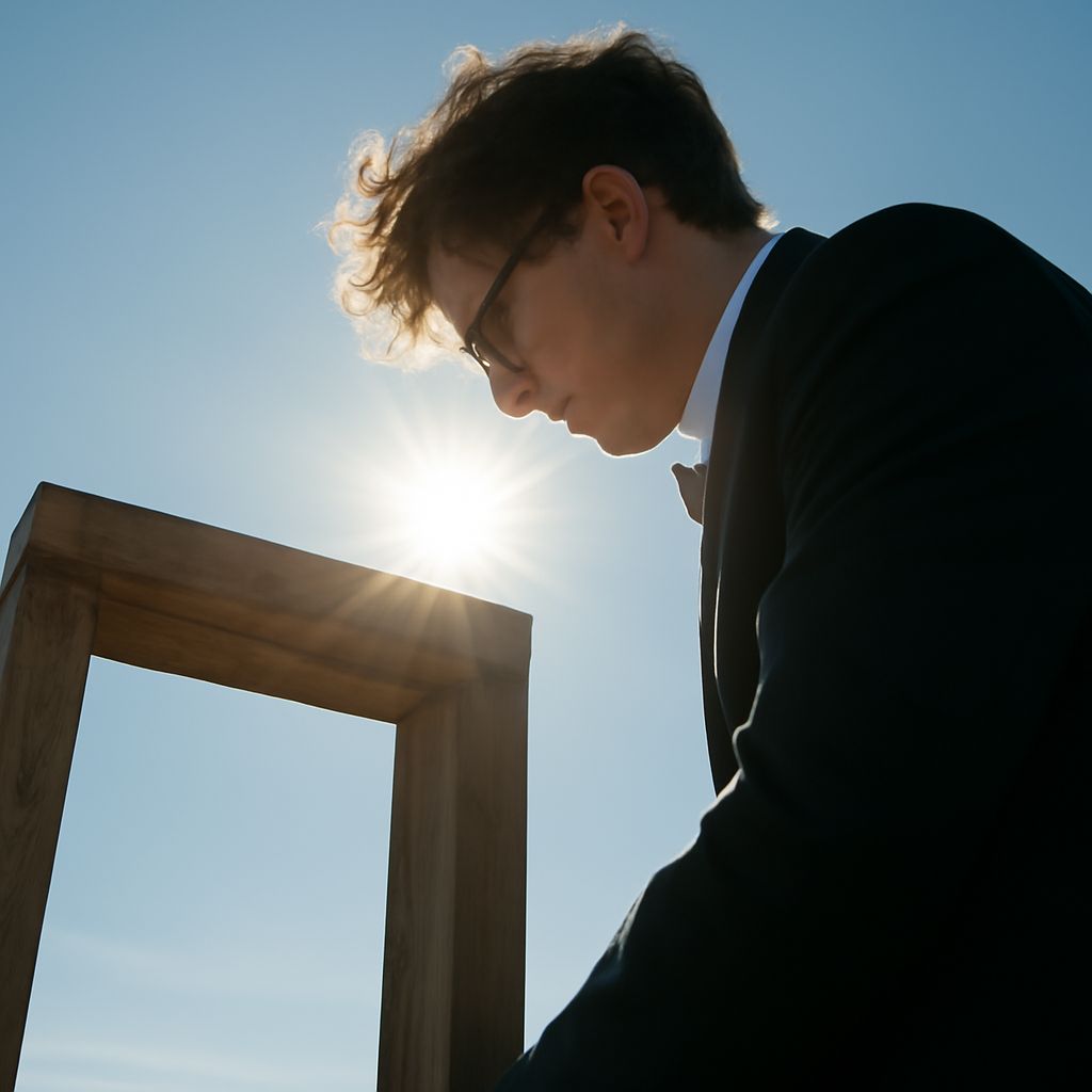 Film still showing composition film principles: a figure framed against a sunlit landscape