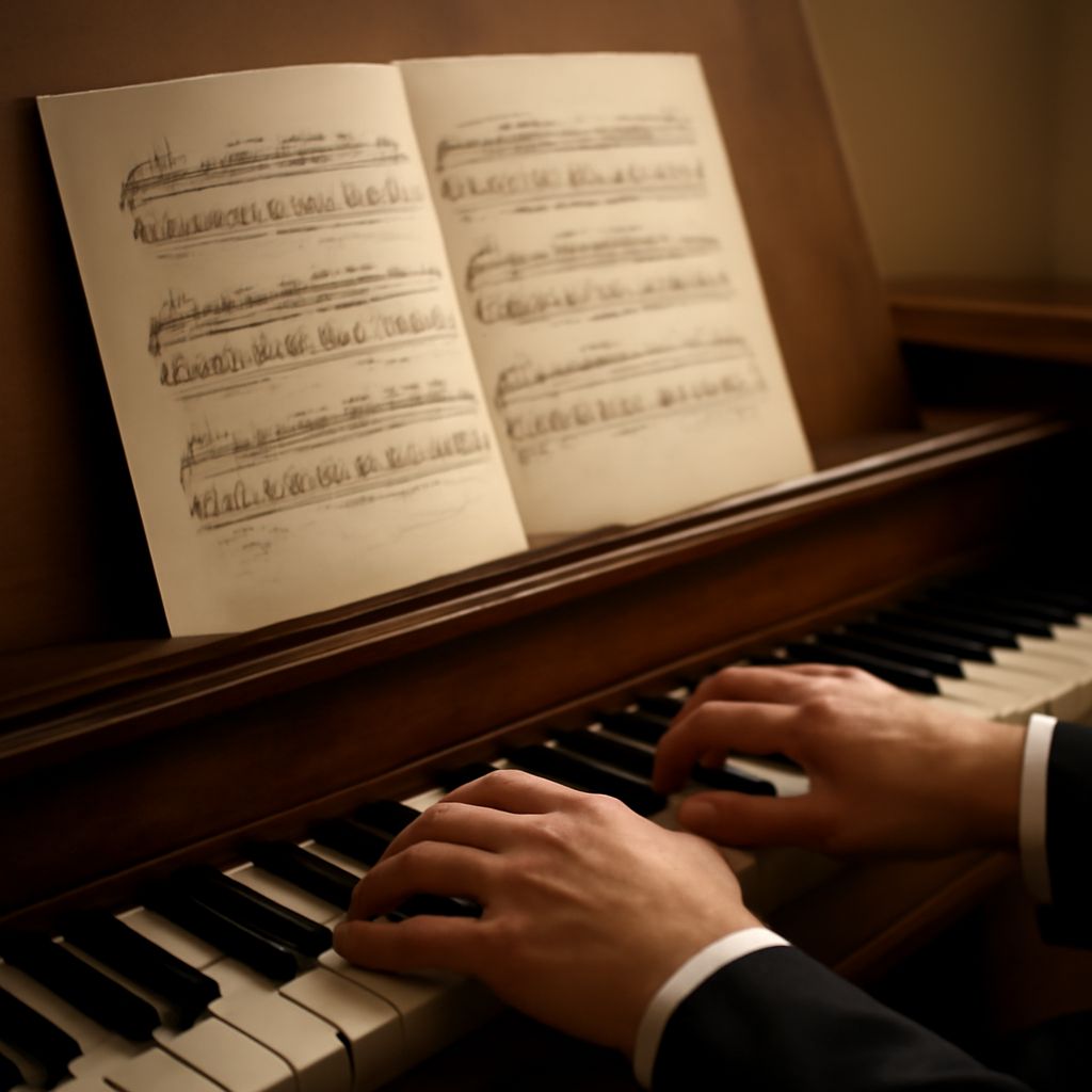 A grand piano with sheet music