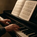 Portrait of Franz Schubert with musical notes of Ave Maria